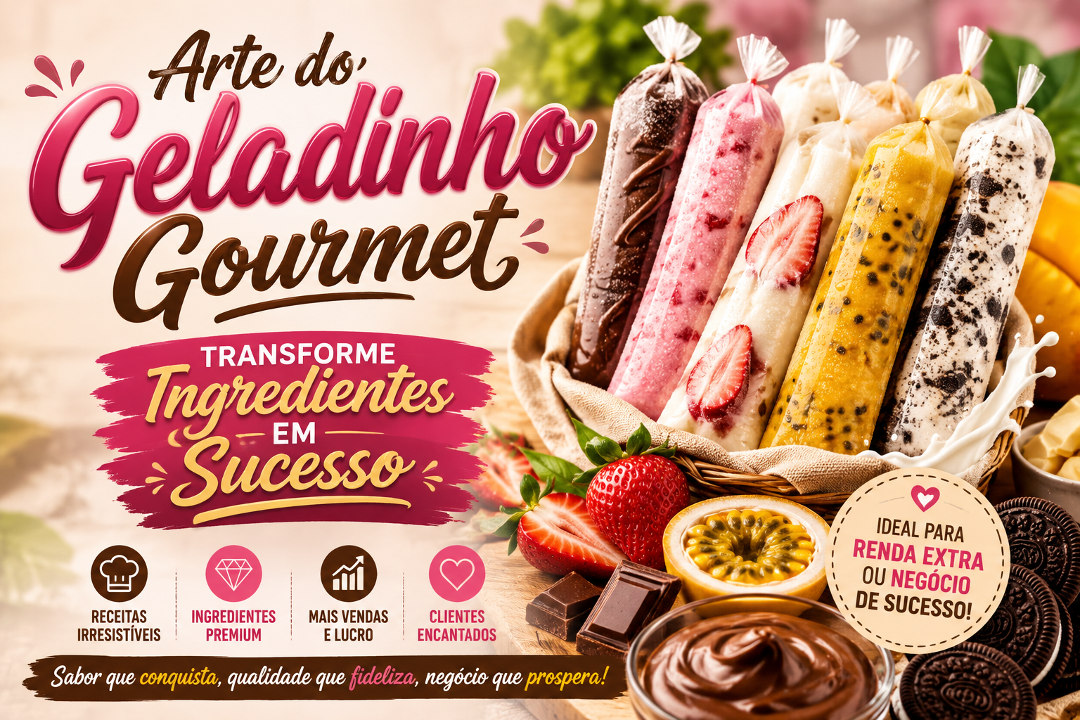 geladinhos gourmet irresistíveis. Aprenda técnicas, receitas, estratégias de vendas e dicas para criar um negócio lucrativo.